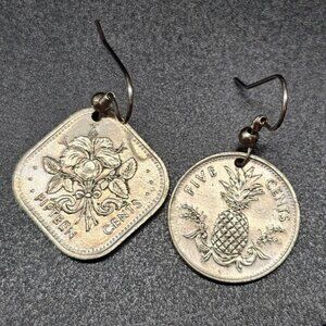Bahamas Silver Coin Earrings Hibiscus And Pineapple Different Shaped Vintage